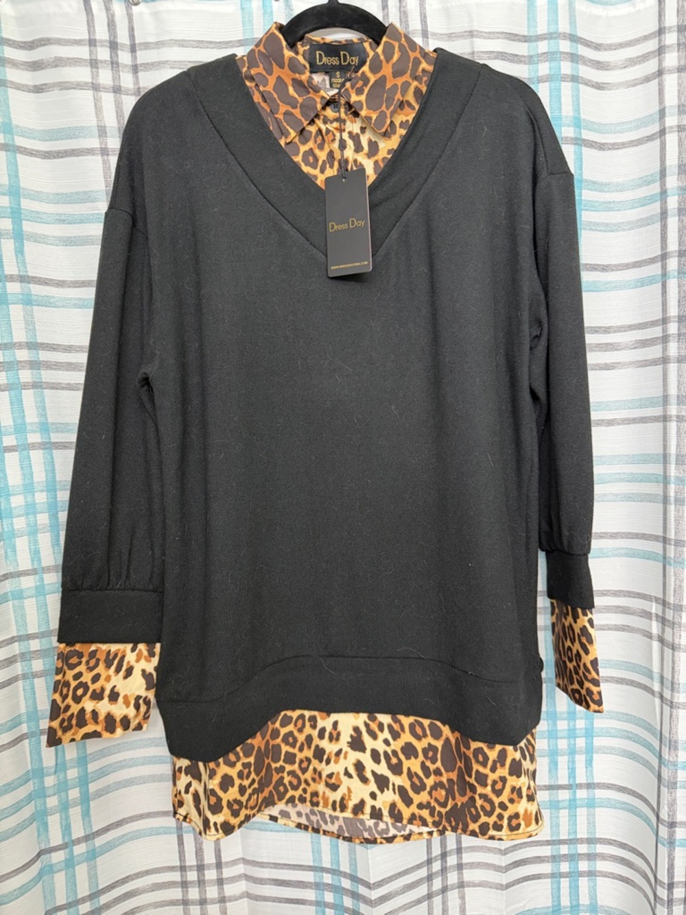 Dress Day Black V-Neck Pullover with Leopard Trim